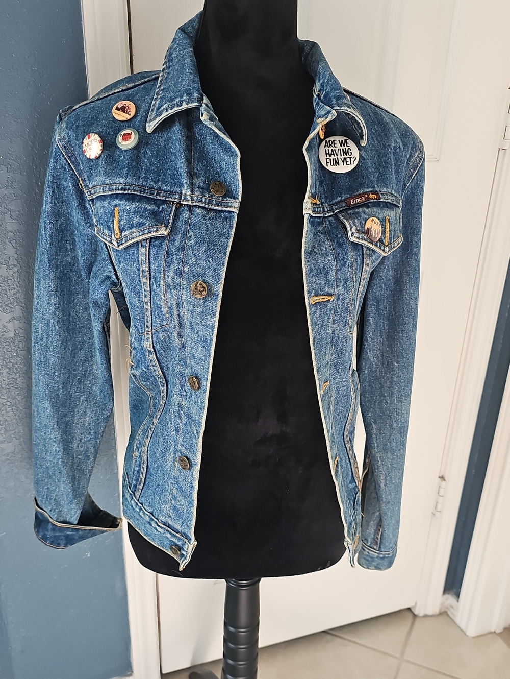 Vintage 80's Women's Small Blue Denim Jacket with Pin Accents Punk Streetwear